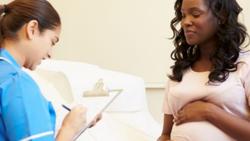 A pregnant woman and a midwive discuss her care